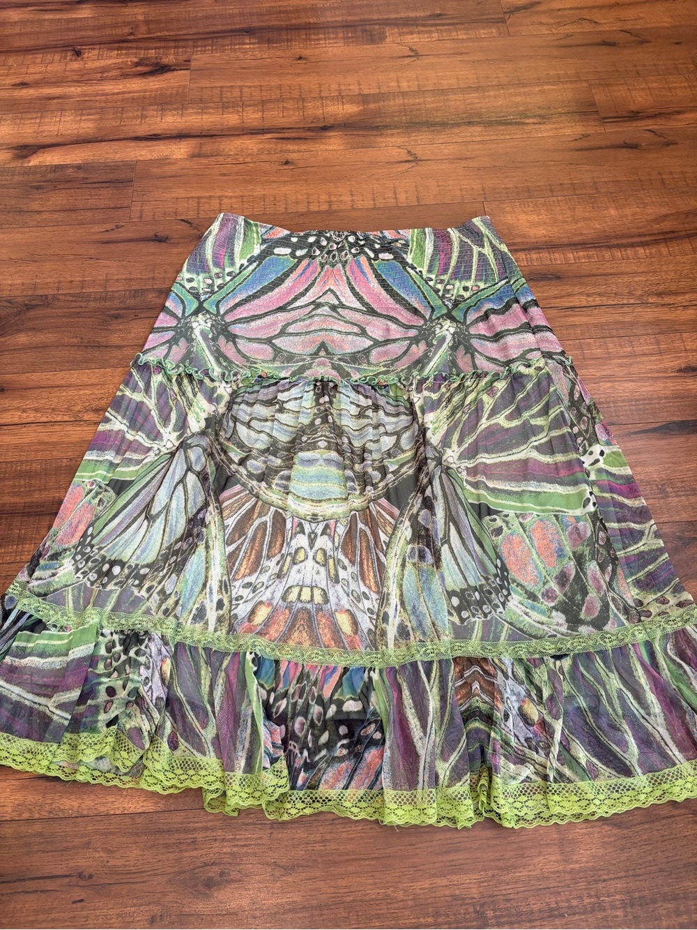 Lapis Anthropologie Butterfly Print Midi Skirt Large Y2K Whimsigoth Ruffle Mesh